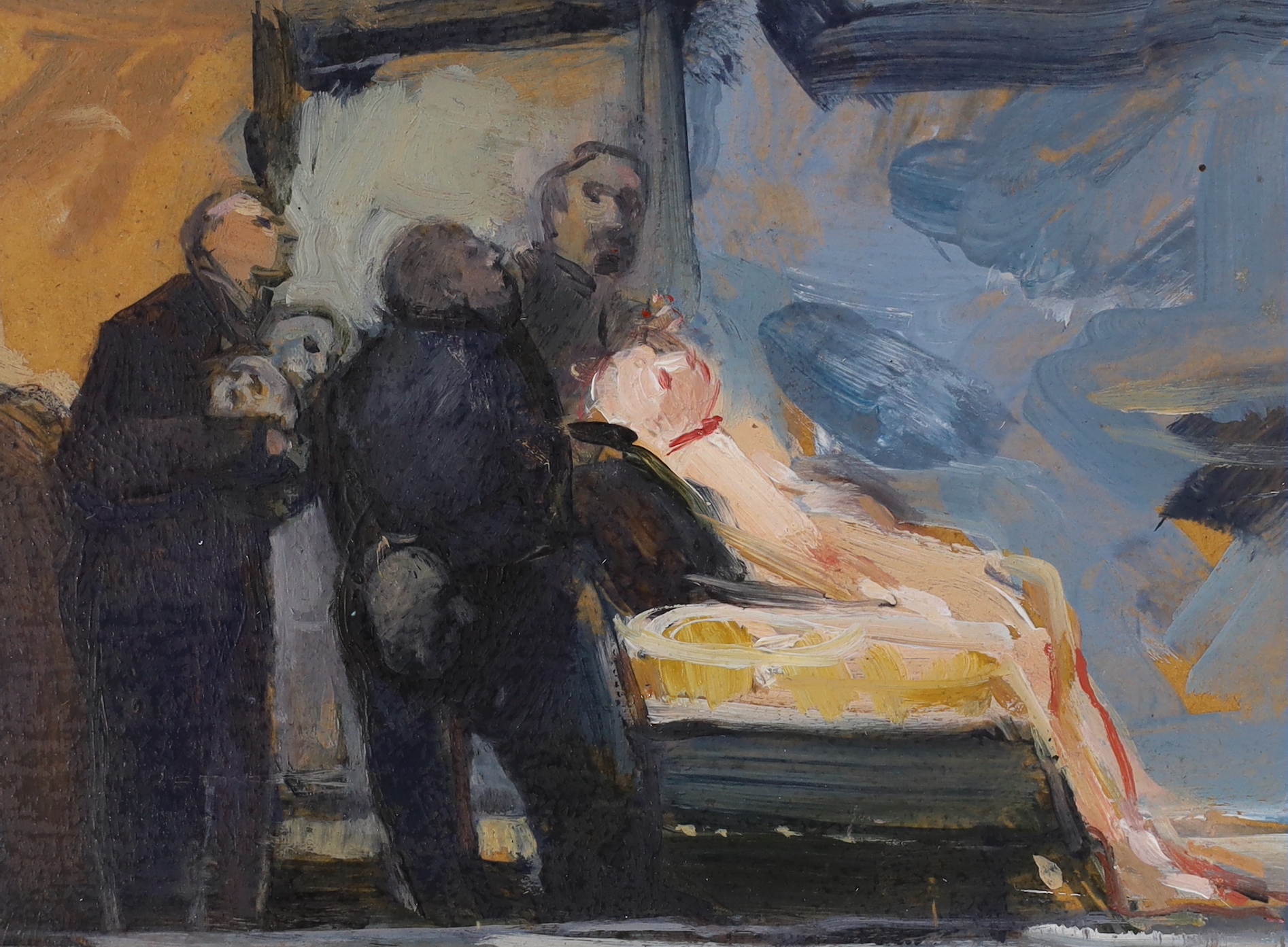 Charlotte Snook, contemporary oil on board, 'The Doctors', label and pencil signature verso, 14.5 x 10cm